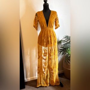 Golden Boho Dress with Plunge Neckline